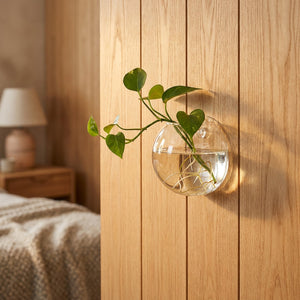 Vase mural en verre avec plante pothos sur panneau bois chêne