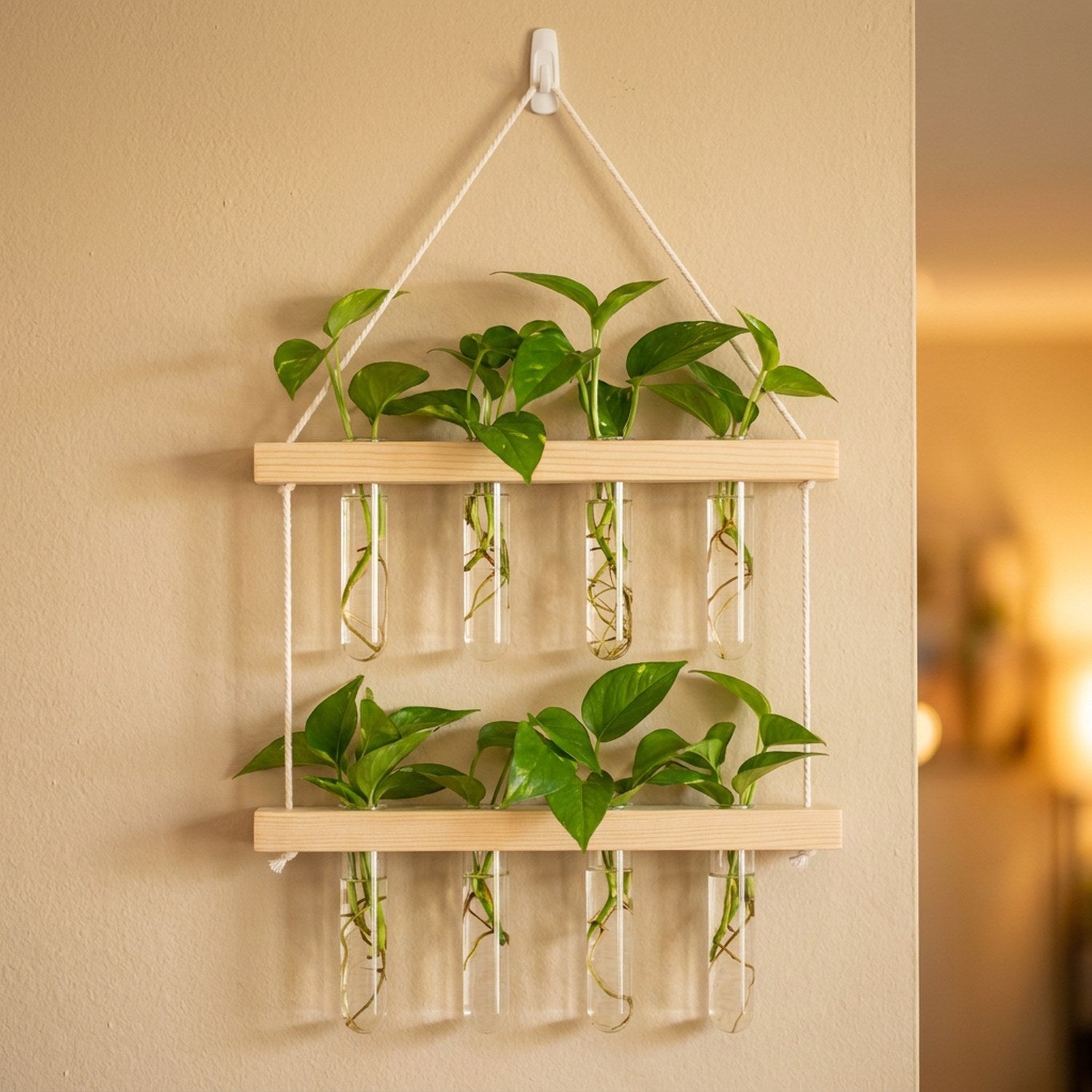 Vase mural en verre avec tubes transparents et support en bois clair garni de plantes vertes accroché à un mur clair