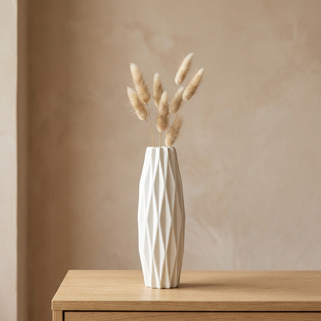 Vase blanc scandinave texture origami plissée avec des pampas posé sur une console en bois