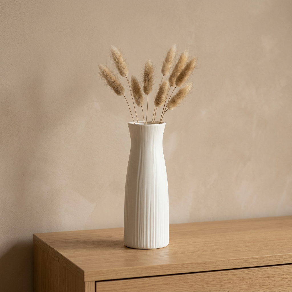 Grand vase blanc scandinave strié vertical avec des pampas