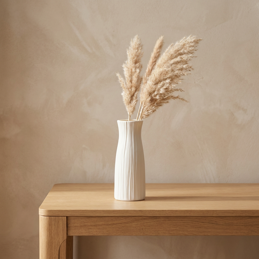 Petit vase blanc scandinave strié vertical avec des pampas
