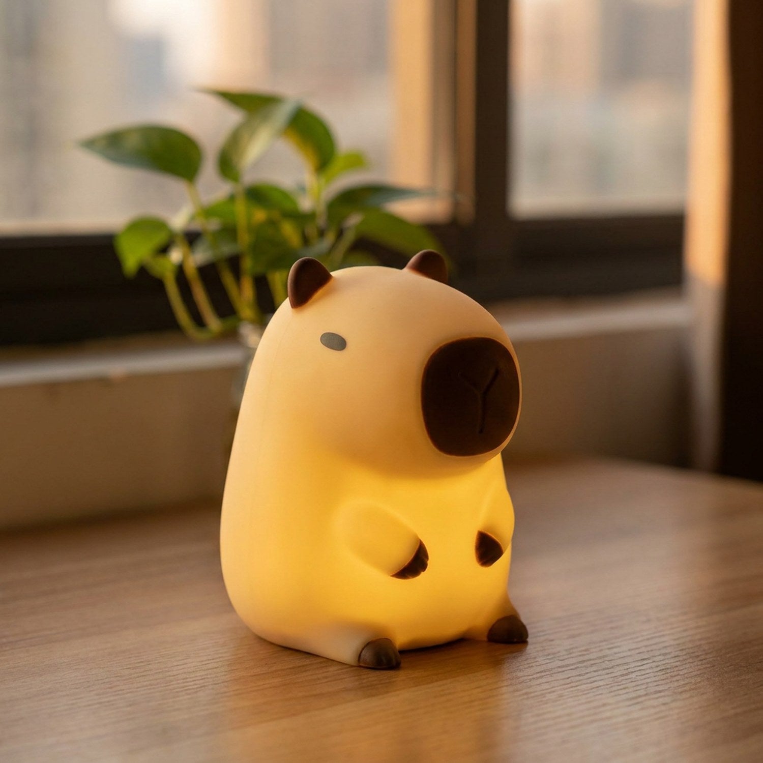 Veilleuse capybara allumée sur un bureau en bois près d'une fenêtre avec une plante