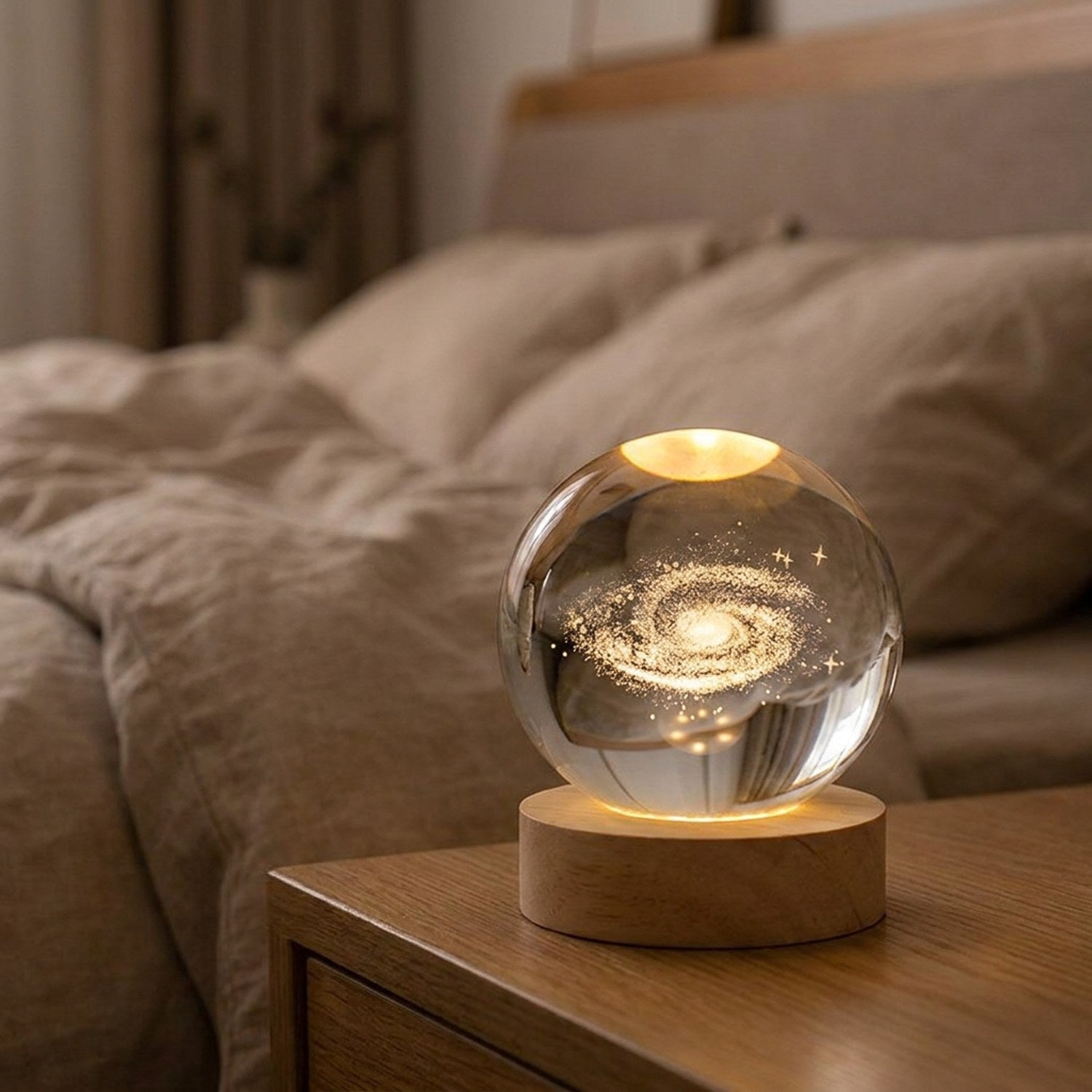 Veilleuse boule de cristal galaxie posée sur une table de chevet chaleureuse