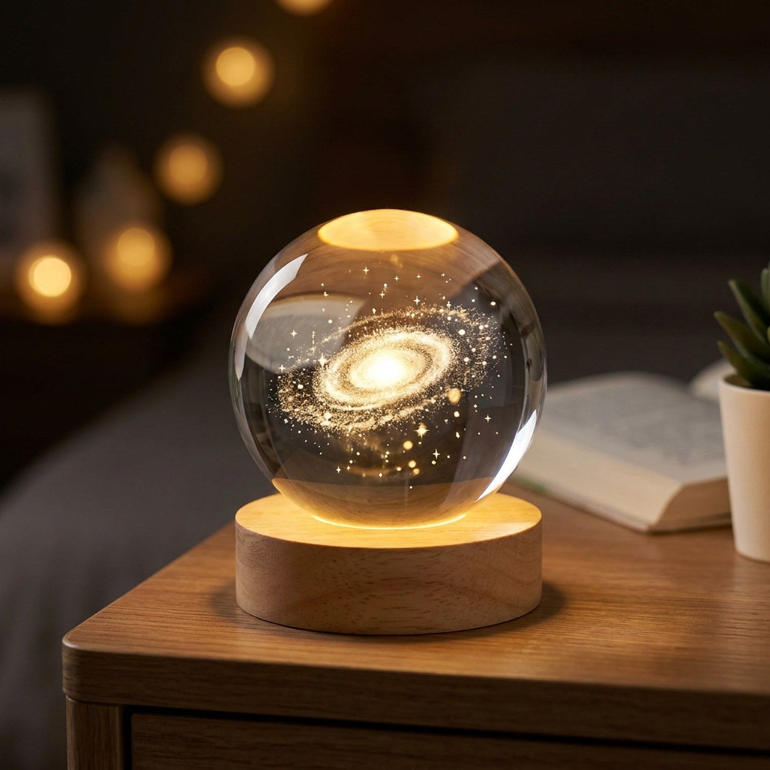 Lampe boule de cristal galaxie 3D allumée sur socle en bois dans une chambre