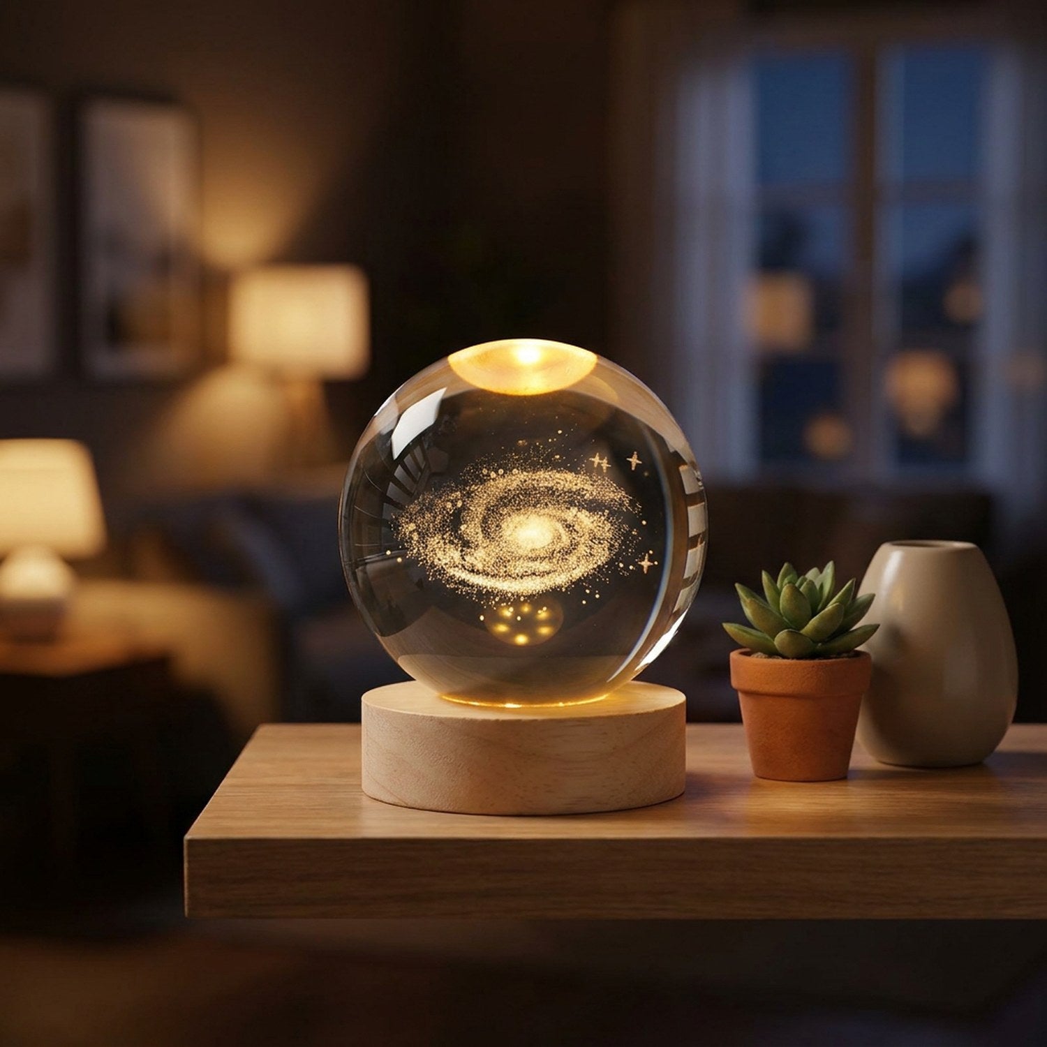 Boule de cristal galaxie lumineuse sur une étagère de salon
