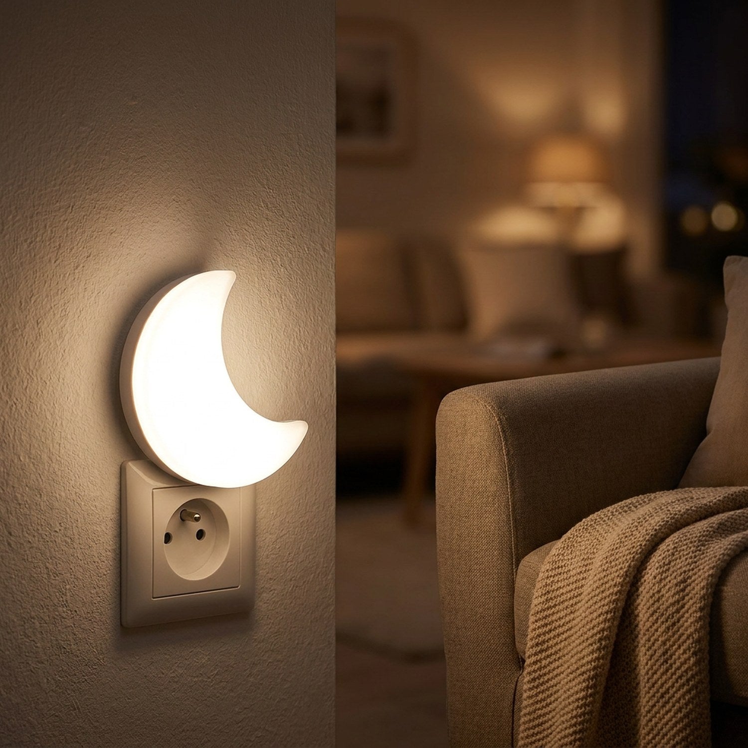 Veilleuse lune LED allumée dans un salon cosy avec fauteuil et plaid la nuit