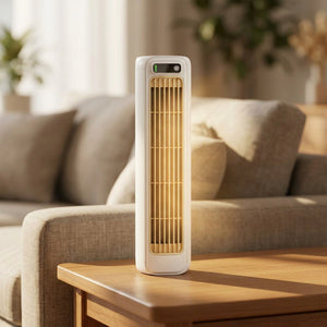 Ventilateur tour blanc à grille verticale éclairée en doré