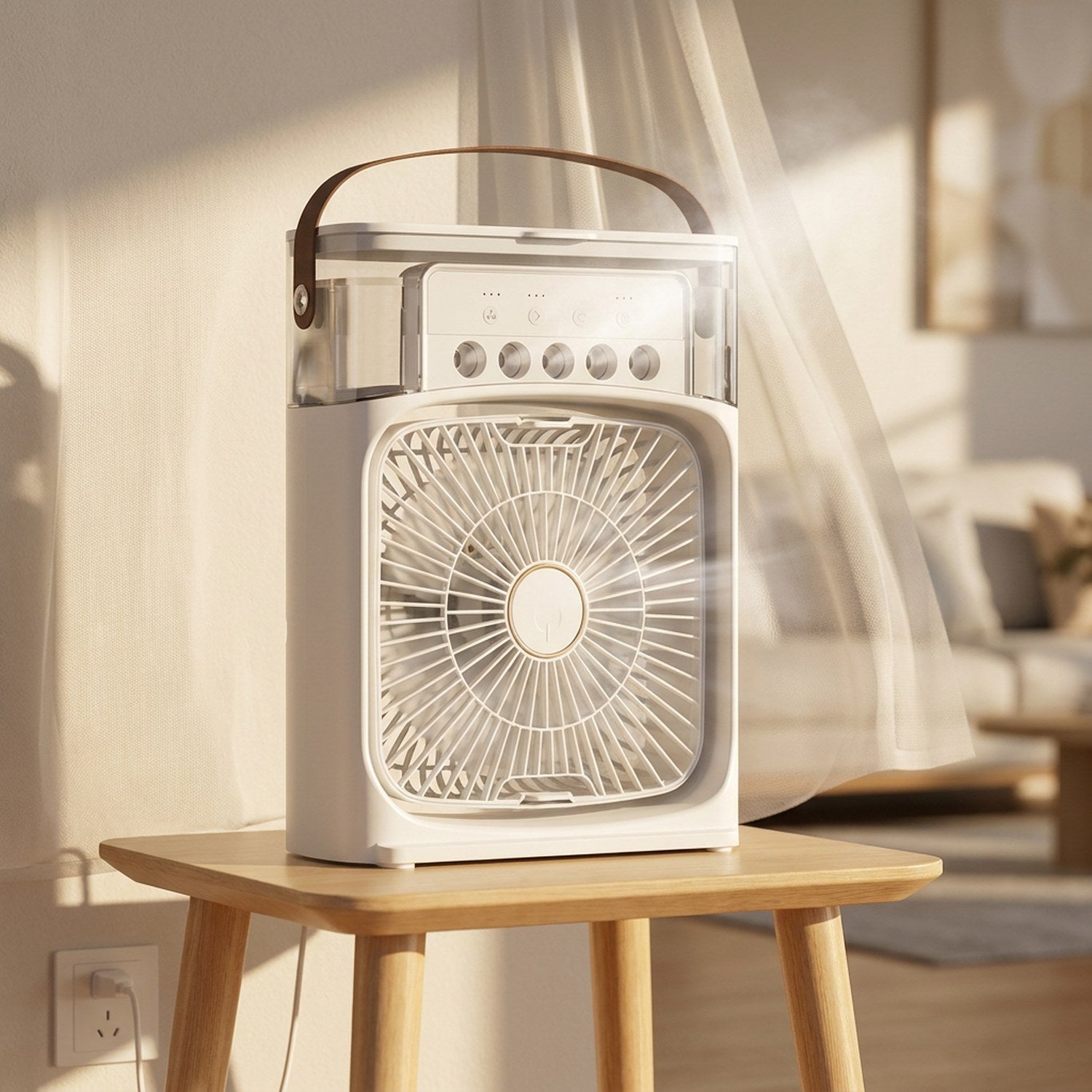 Ventilateur climatiseur blanc sur une table d'appoint dans un salon ensoleillé