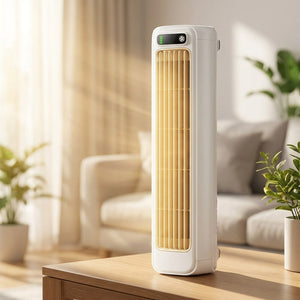 Ventilateur tour blanc sur une table dans un salon ensoleillé en été