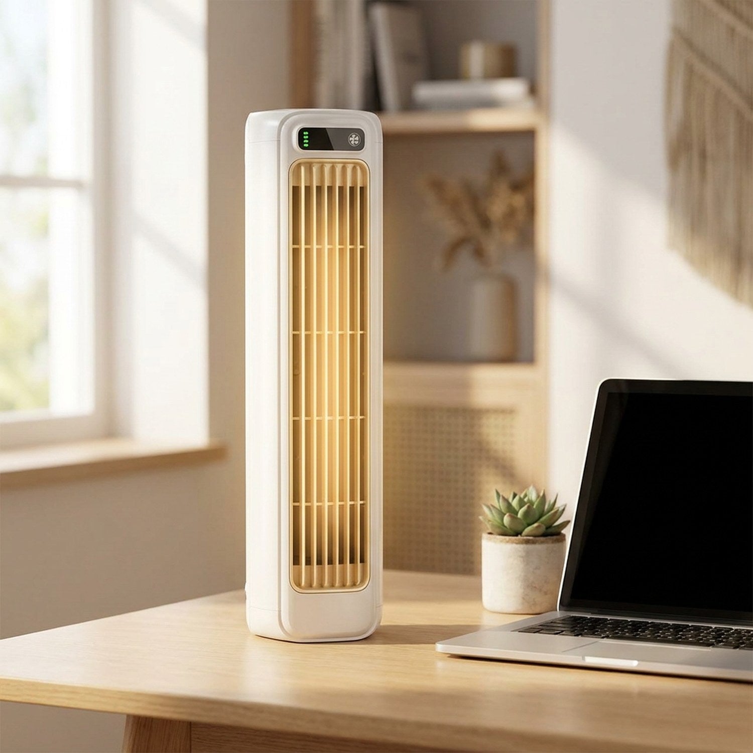 Ventilateur tour blanc fin à grille verticale éclairée posé sur un bureau lumineux