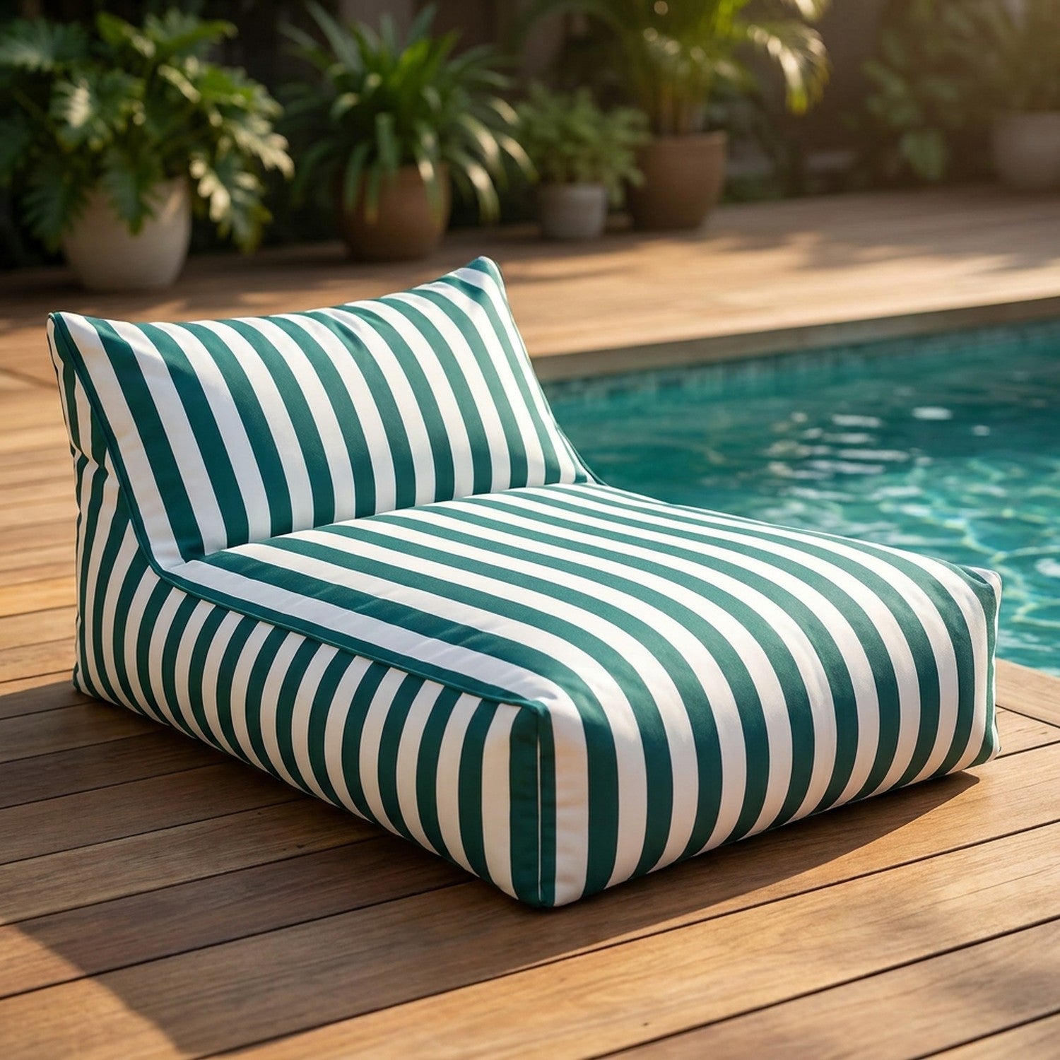 Pouf géant flottant à rayures vert foncé posé au bord d'une piscine