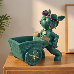 Statue de bouledogue français vert à lunettes poussant une brouette vide-poche