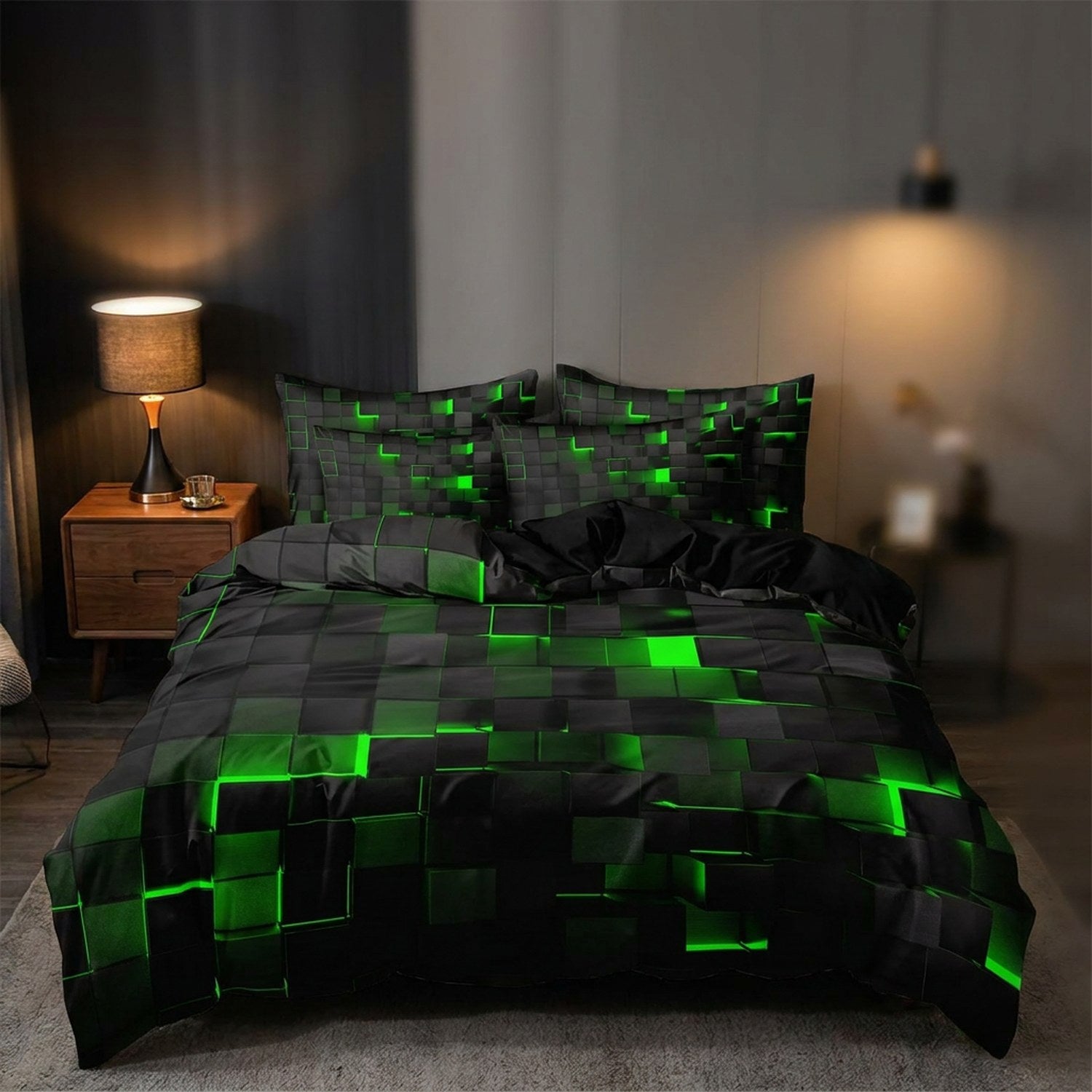 Parure de lit au motif géométrique 3D à cubes verts lumineux sur un lit