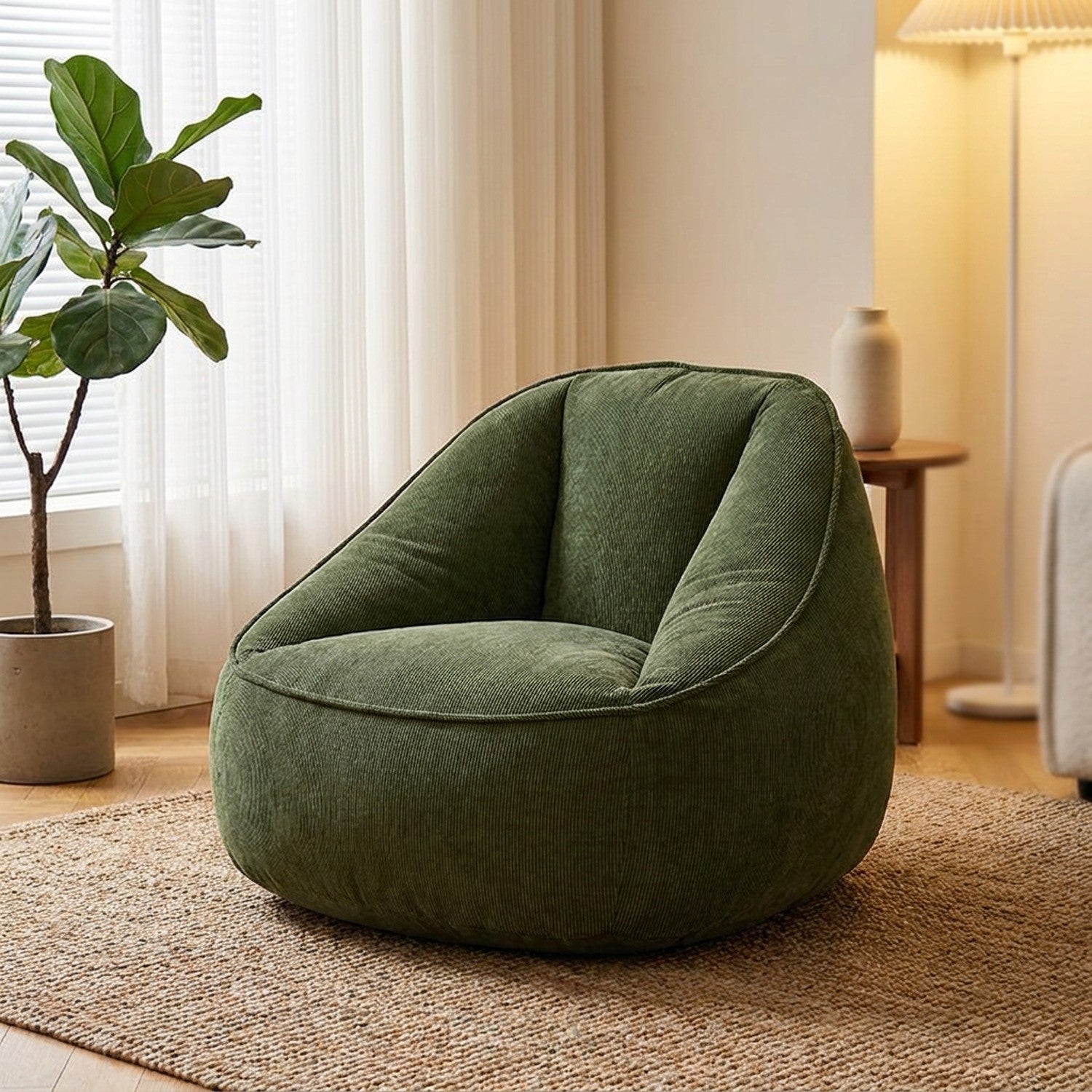 Fauteuil pouf en velours côtelé vert forêt dans un intérieur chaleureux