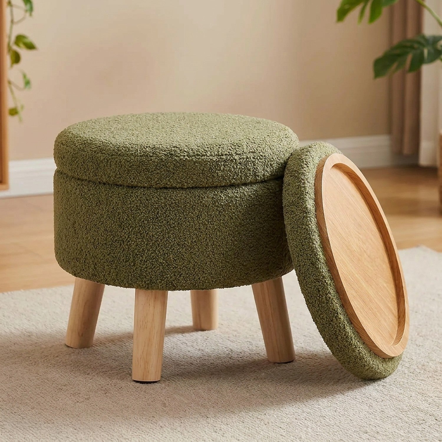 Repose-pieds coffre en velours bouclé vert avec dessus en bois