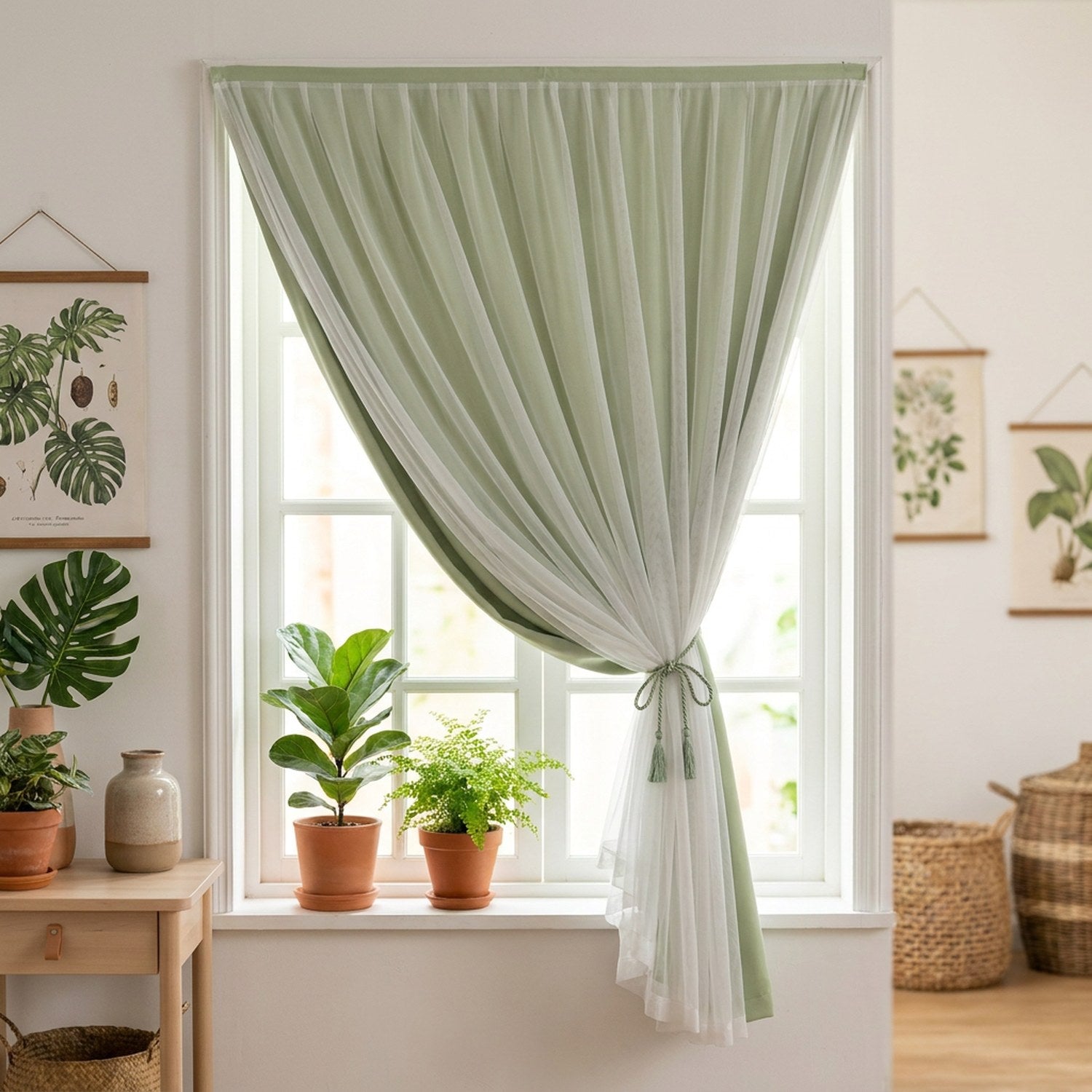 Rideau occultant vert sauge double couche avec voile blanc près de plantes
