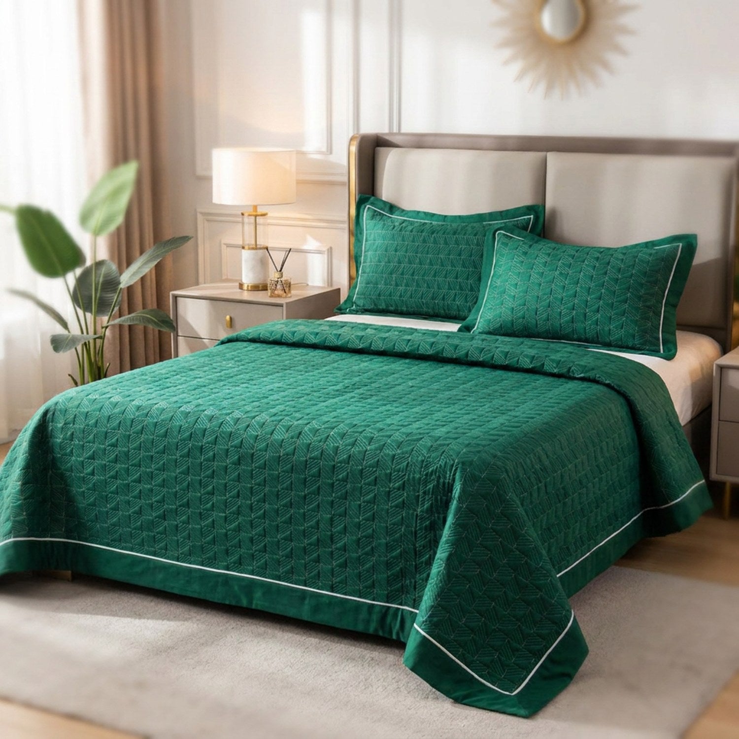Couvre-lit matelassé vert émeraude avec deux taies assorties sur un lit