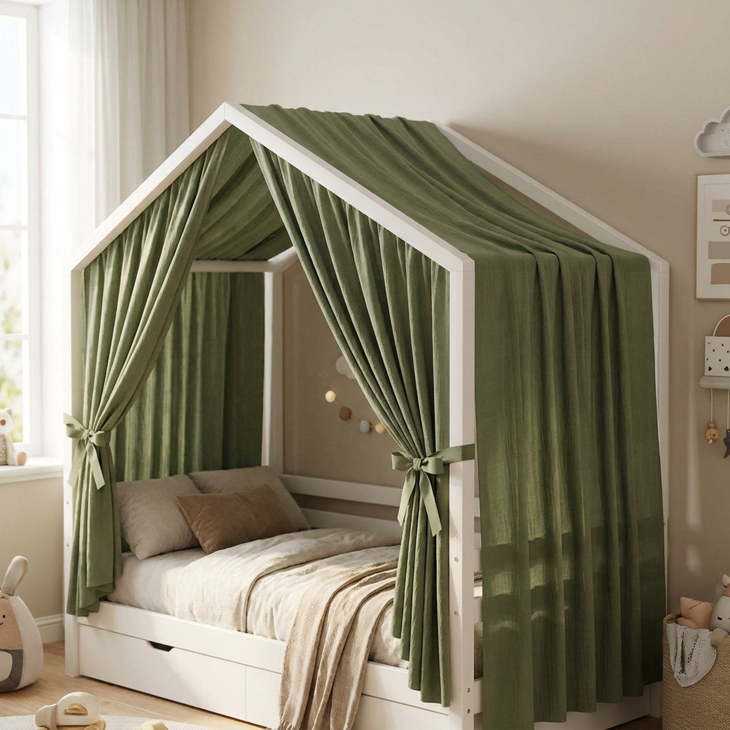 Ciel de lit cabane en mousseline vert sauge drapé sur un lit cabane blanc