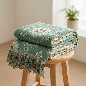 Plaid bohème couleur verte motifs floraux médaillon