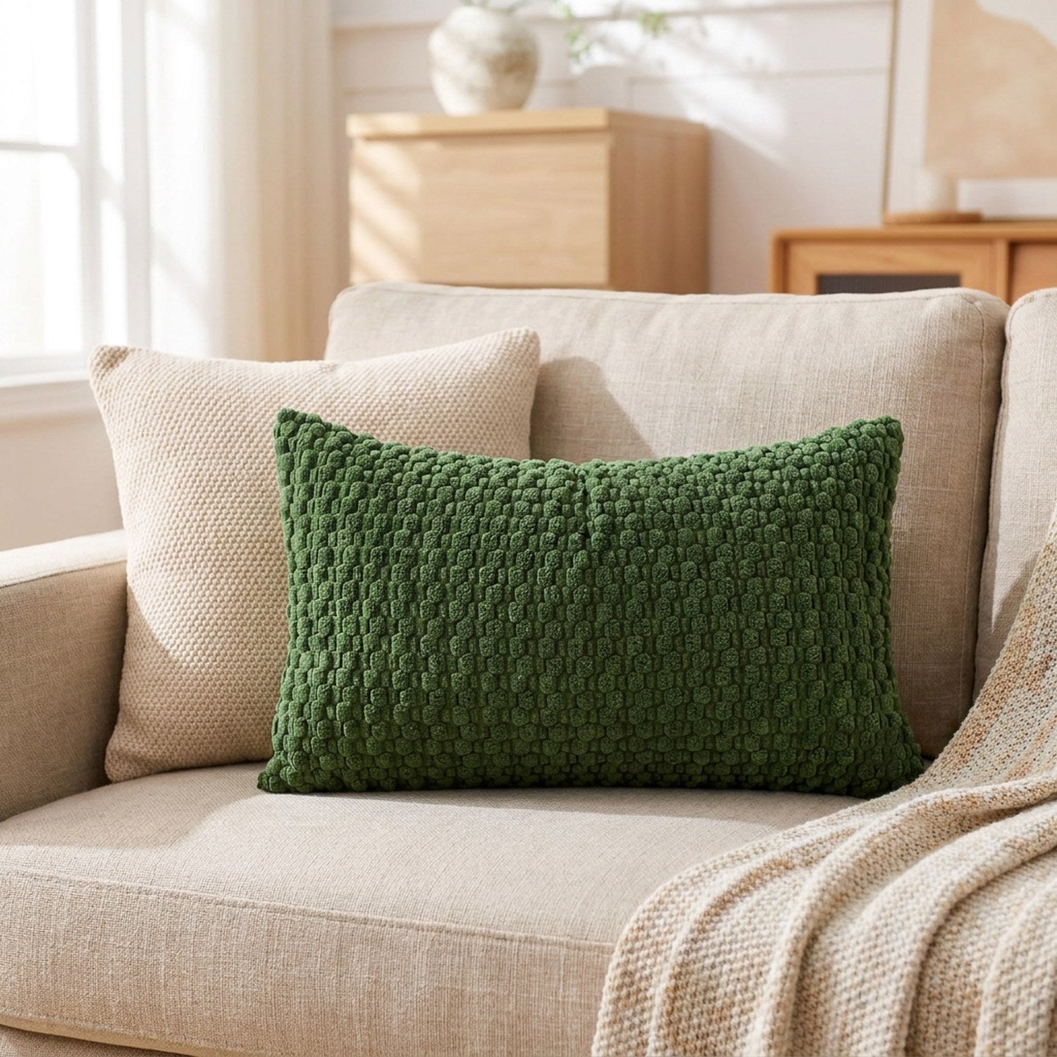 housse de coussin rectangulaire en maille texturée vert foncé sur un canapé en lin