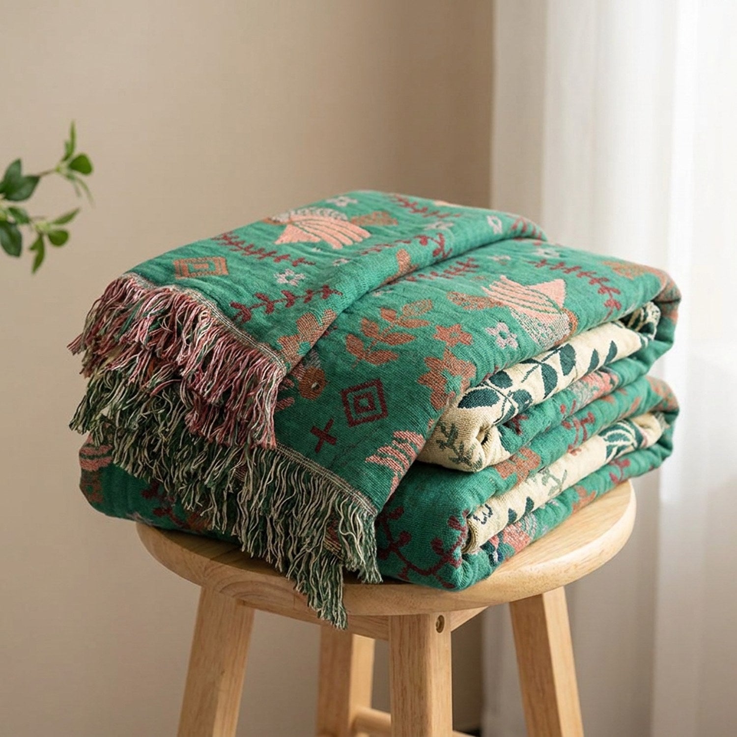Plaid bohème couleur vert foncé motifs oiseaux géométriques