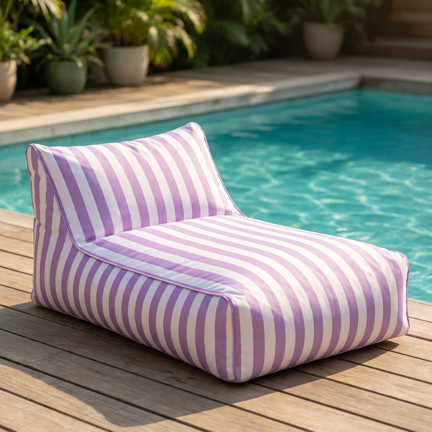Pouf géant flottant à rayures violet posé au bord d'une piscine