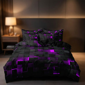 Parure de lit au motif géométrique 3D à cubes violets lumineux sur un lit