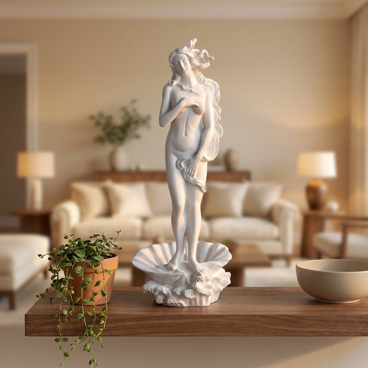 Statue de Vénus blanche sur une étagère murale en bois avec une plante