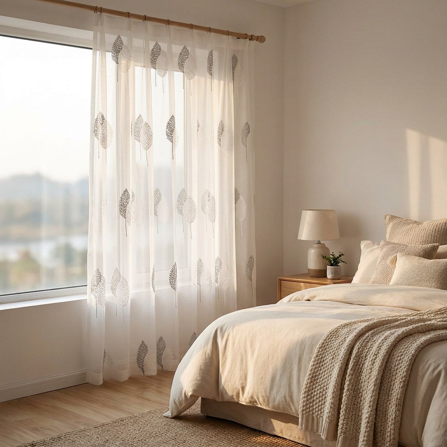 Voilage blanc brodé à la fenêtre d'une chambre à coucher lumineuse