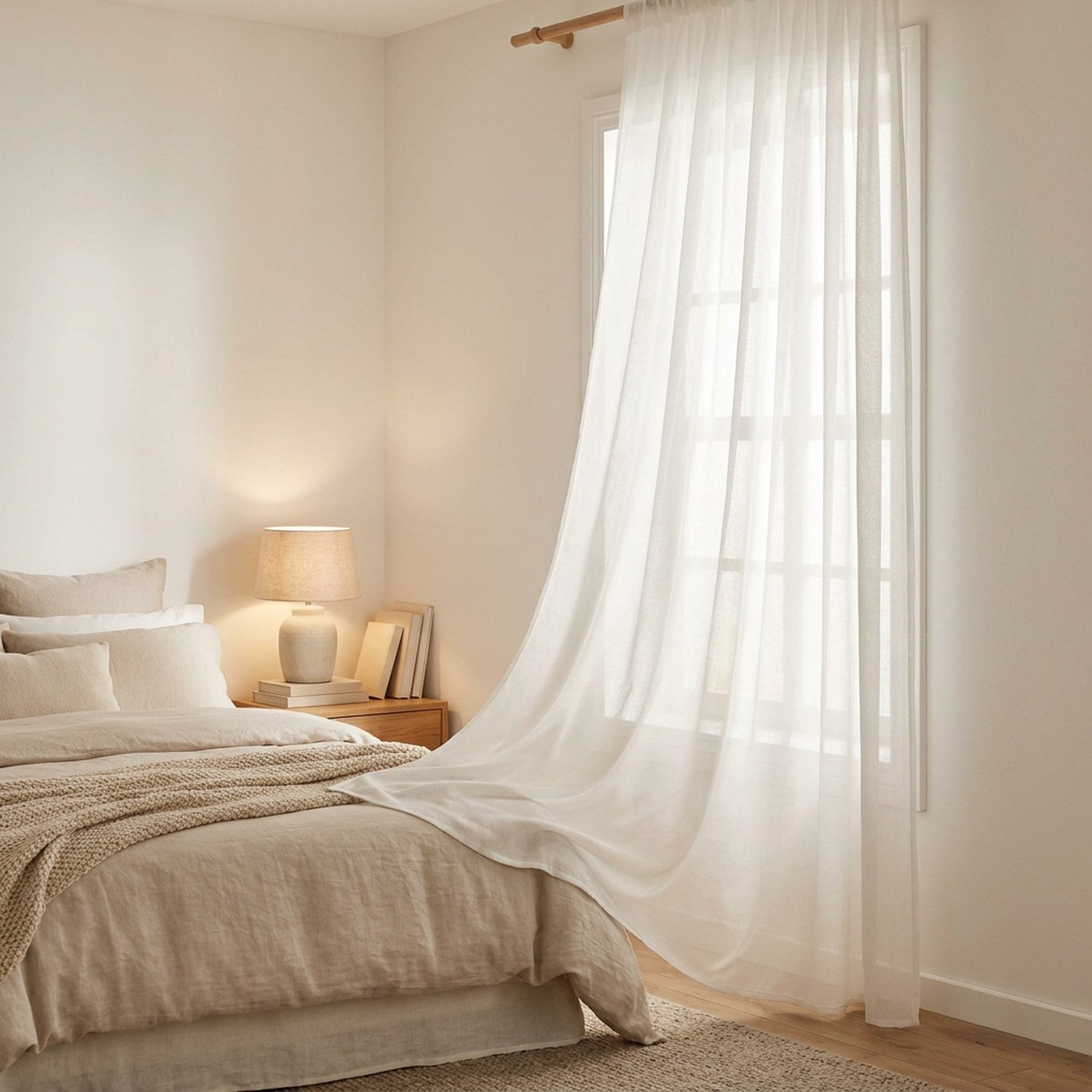 Voilage blanc uni translucide à la fenêtre d'une chambre à coucher lumineuse