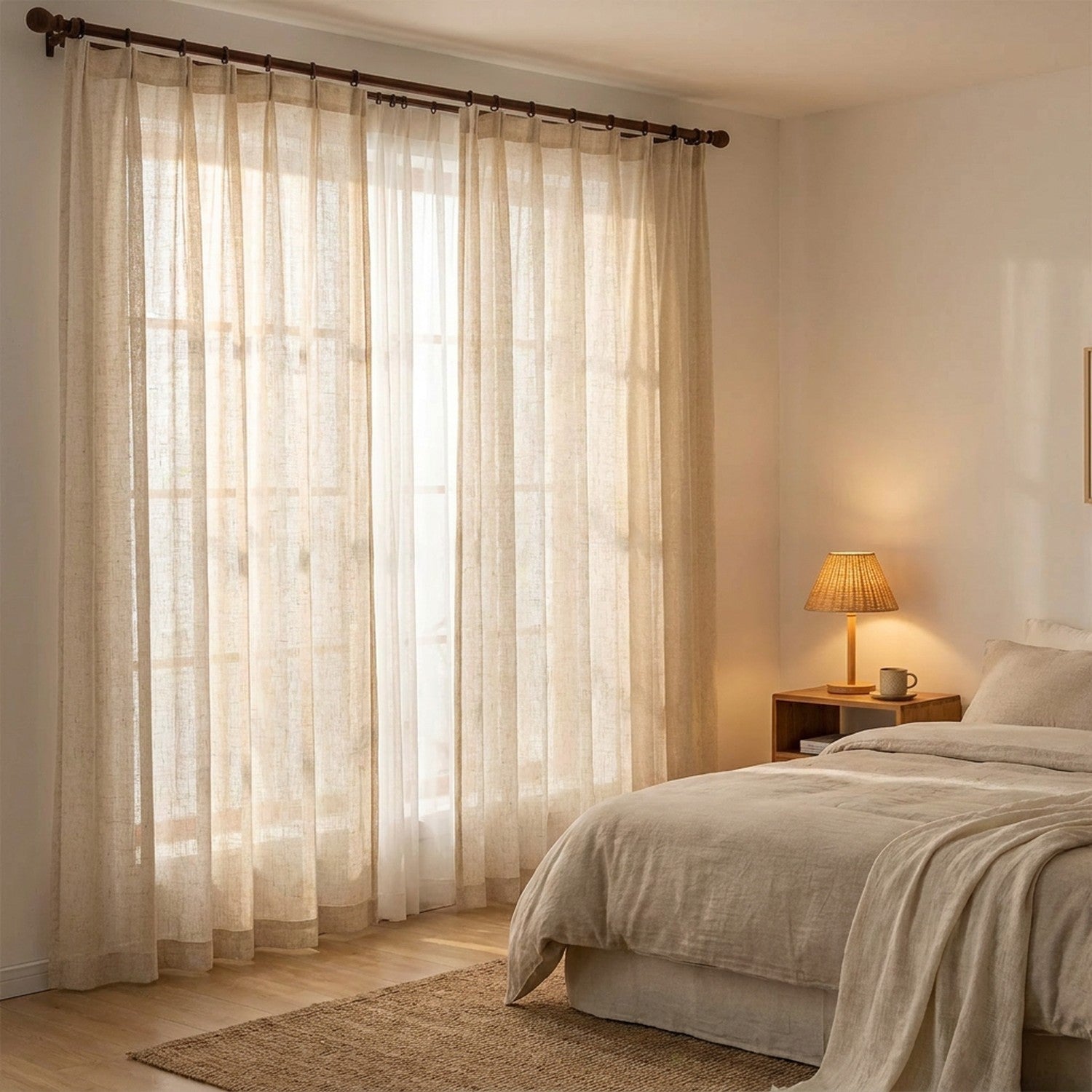 Voilage lin naturel suspendu à la fenêtre d'une chambre cosy avec lit en lin et lampe chaleureuse