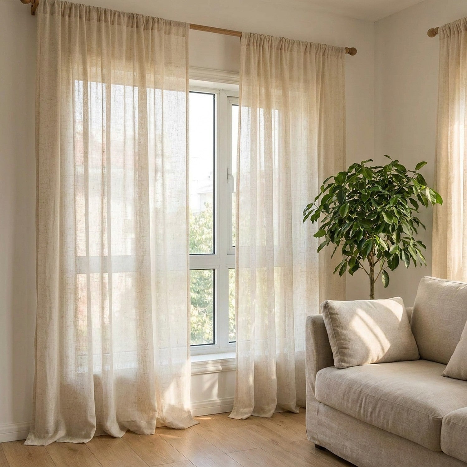 Voilage lin naturel encadrant la fenêtre d'un salon lumineux avec canapé et plante verte
