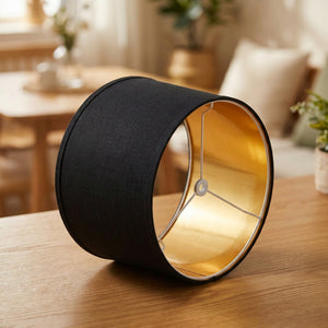 Abat-jour tambour en lin noir avec intérieur doré