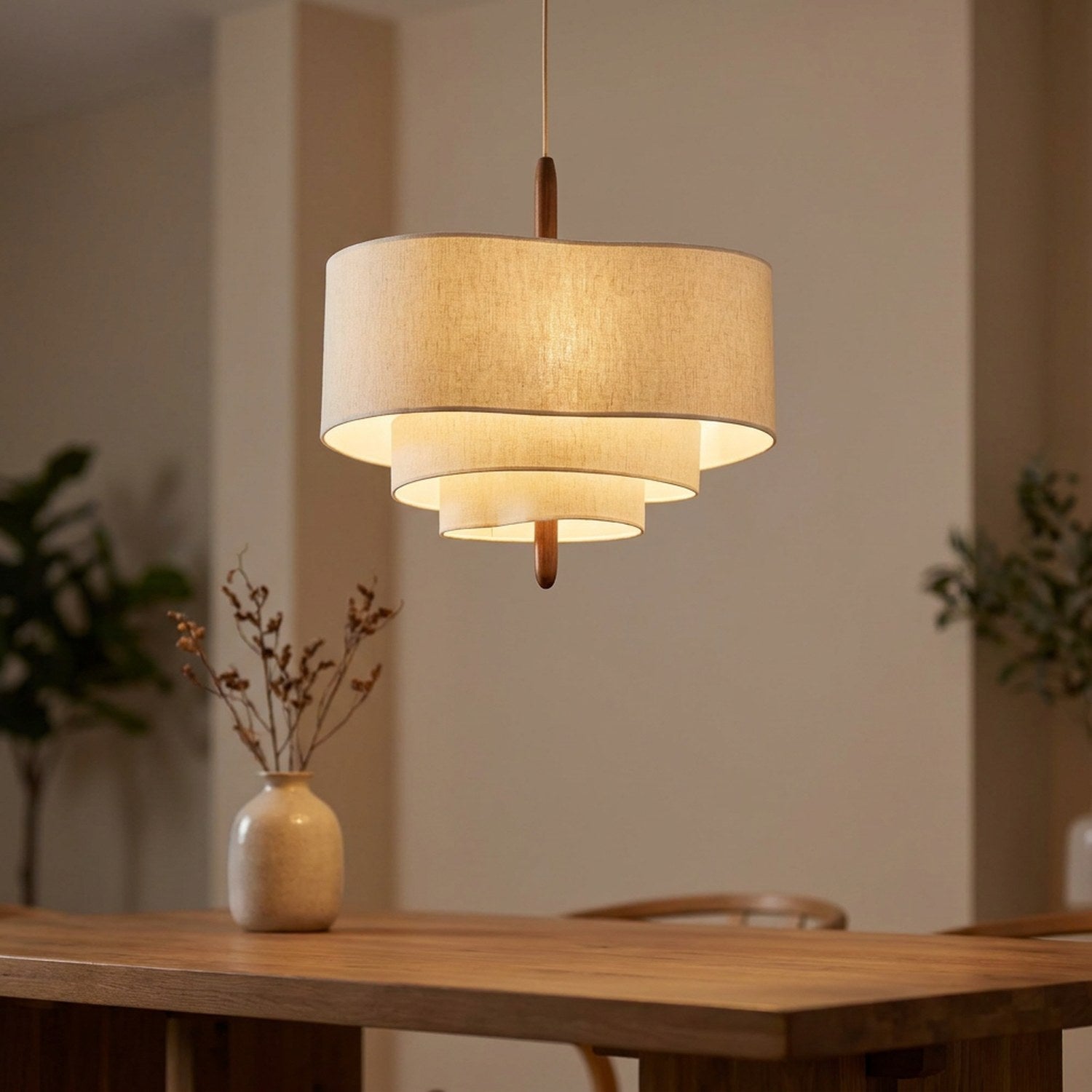 Suspension japonaise wabi sabi en lin écru à trois anneaux allumée au-dessus d'une table dans un salon chaleureux