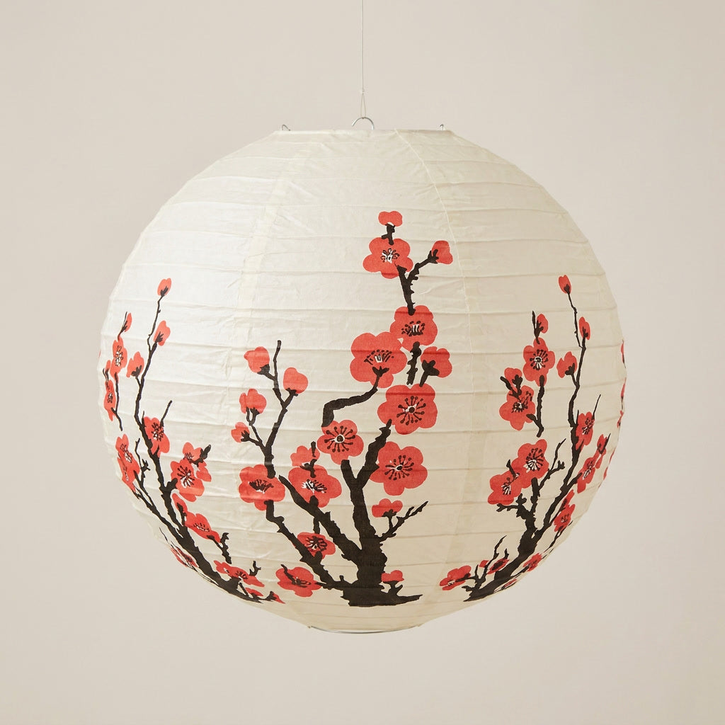 Lanterne japonaise en papier blanche avec fleurs de cerisier rouges