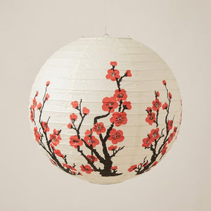 Lanterne japonaise en papier blanche avec fleurs de cerisier rouges