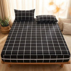 Housse de matelas imperméable à carreaux sur un lit lumineux avec fermeture éclair visible