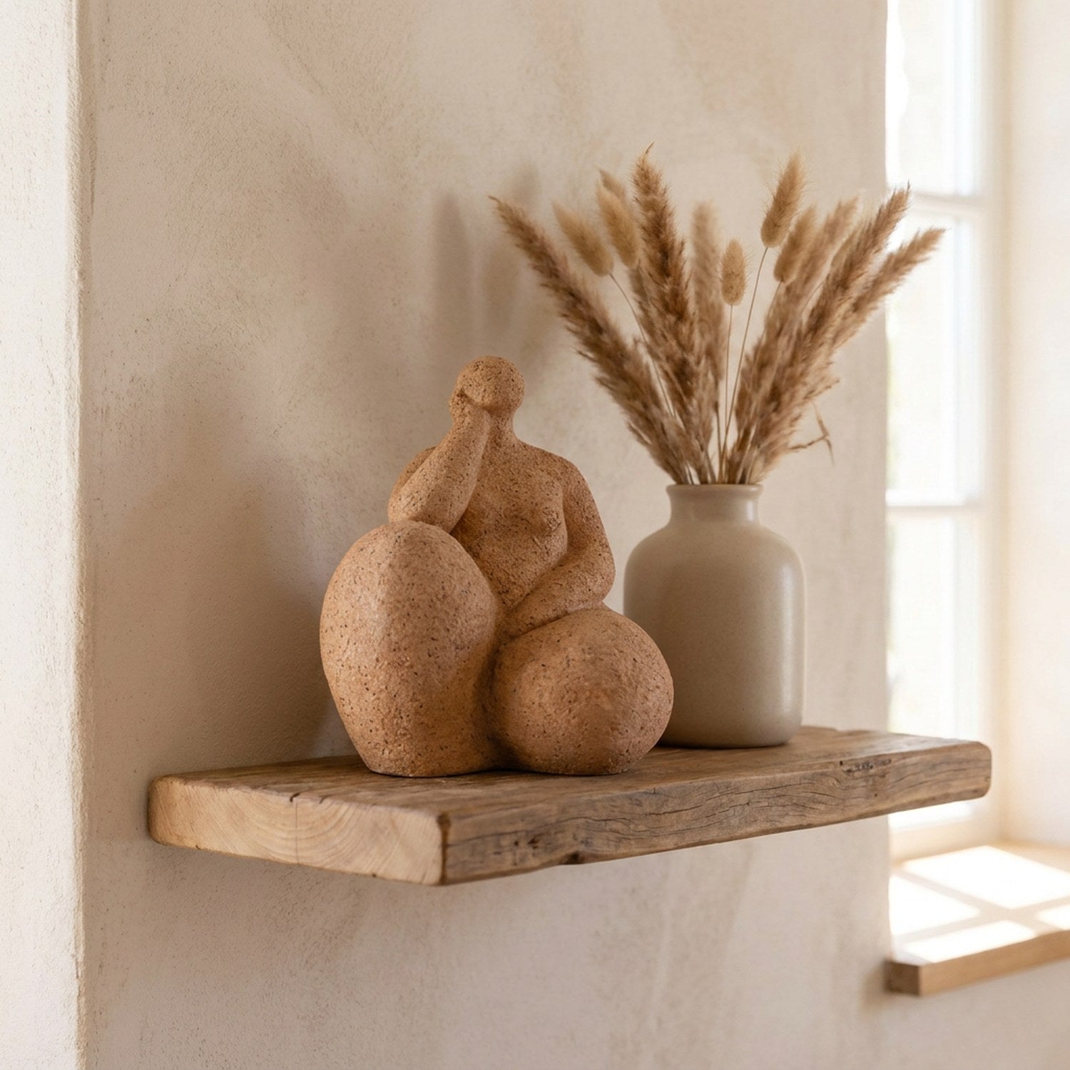 Figurine femme yoga Sérénité terracotta sur étagère flottante avec herbes pampas