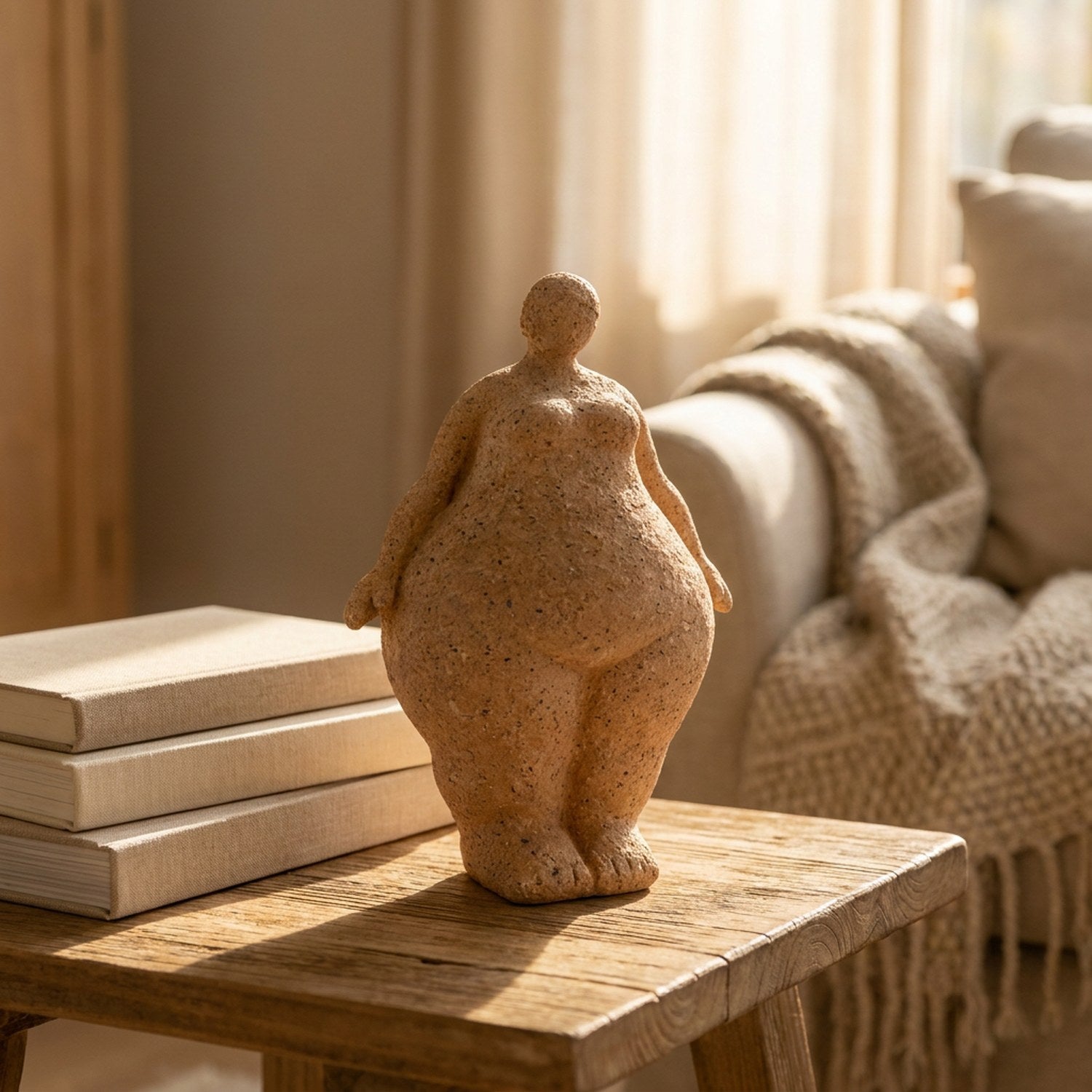 Figurine yoga femme ronde en résine posée sur table en bois avec livres ambiance dorée